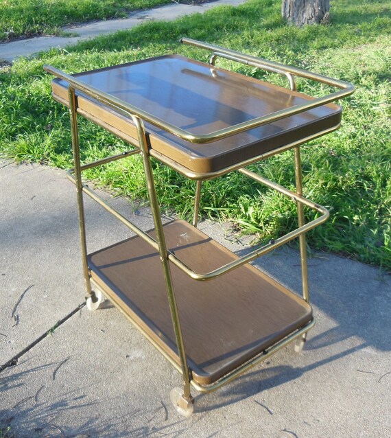 Chariot De Cuisine Vintage Cosco 3 Niveaux – Métal Bois Grainé, Roulettes – Mid-Century Modern