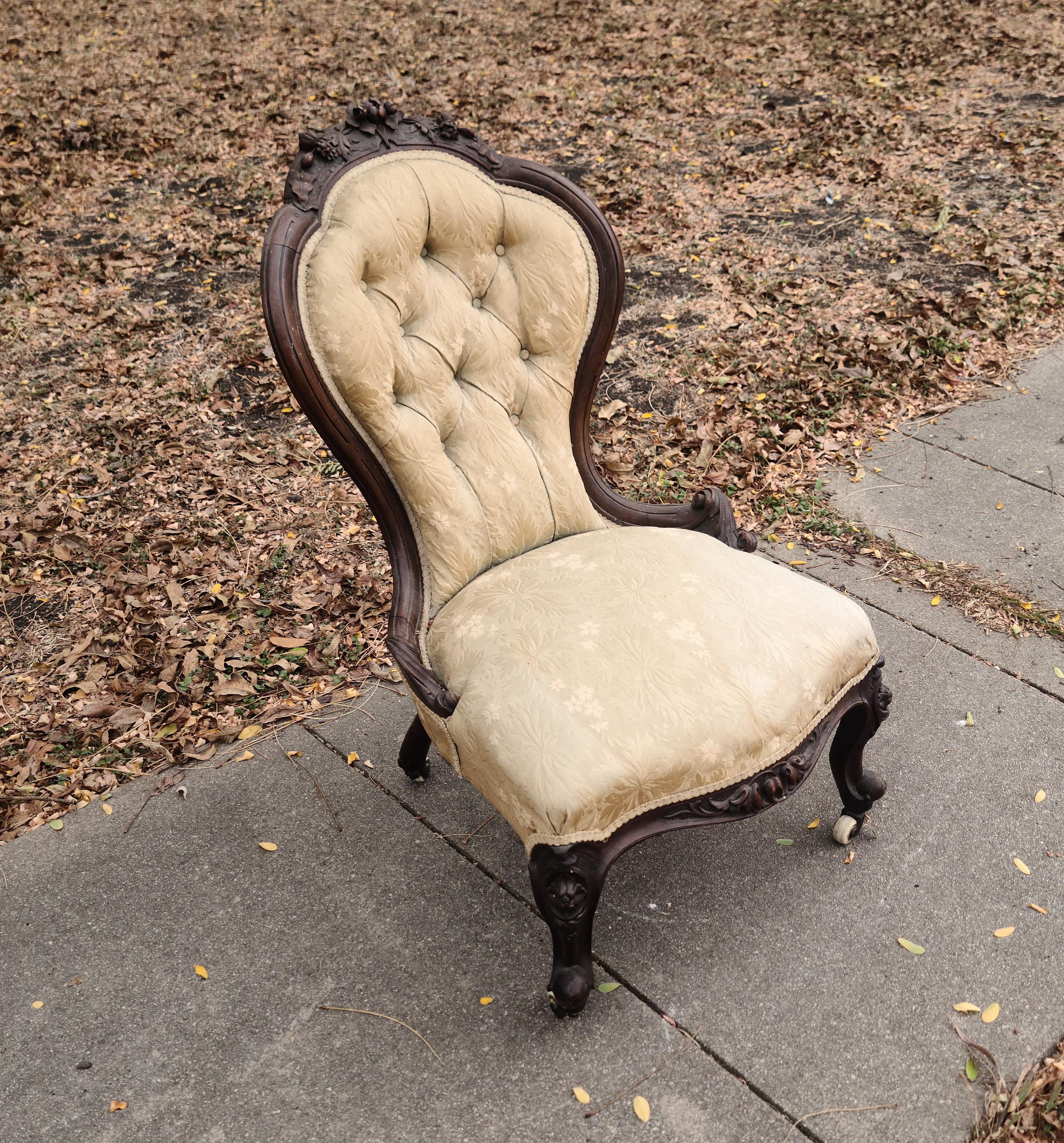 Antique Victorian Ladies Parlor Chair Carved Mahogany Wood Frame Upholstered Boudoir Side Chair Edwardian Era Accent Cottage Chair