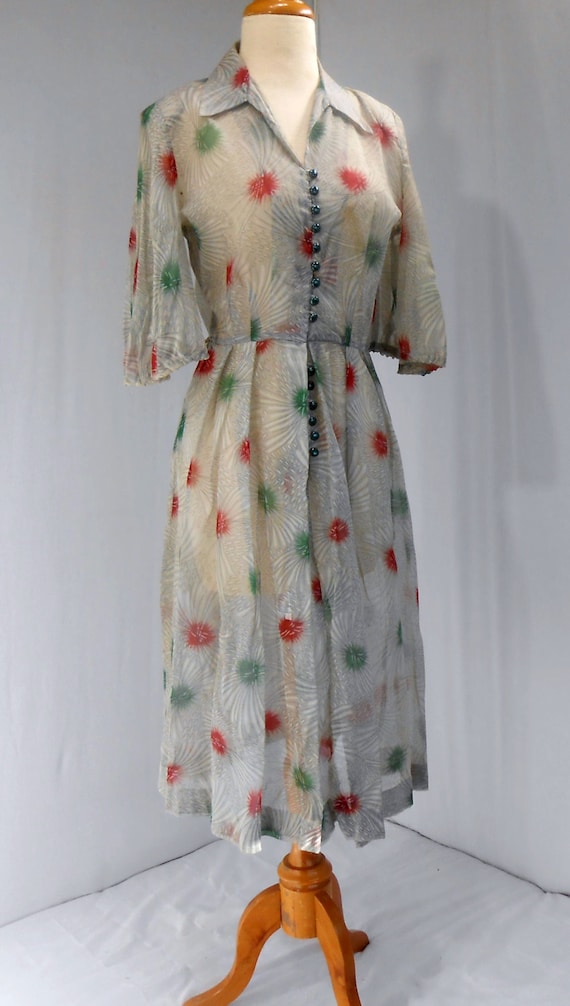 Antique Handmade Dress Sheer Gray Many Green Butto