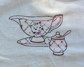 Cat Kitten Teacup Embroidery on Cotton Towel