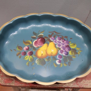 Vintage Hand Paint Tole Tray Fruit Floral Flowers Still Life Painting Heavy Metal Scallop Edge Serving Platter Tray Plate Farmhouse Cottage image 1