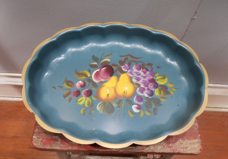 Vintage Hand Paint Tole Tray Fruit Floral Flowers Still Life Painting Heavy Metal Scallop Edge Serving Platter Tray Plate Farmhouse Cottage image 1