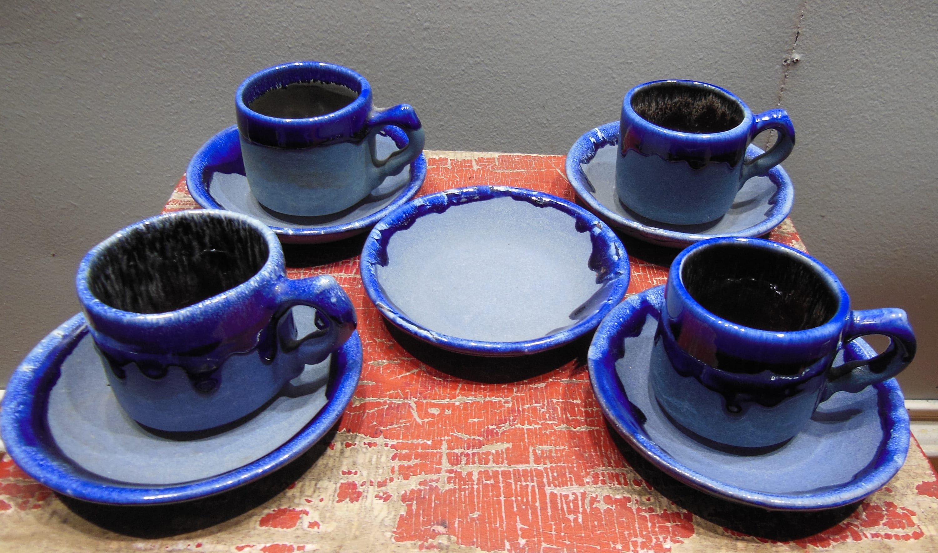 Vintage Art Pottery Tea Set Blue Drip Glaze Tea Pot Was Broken Tea Cups  Saucer Only Those Damn Cats Coffee Saki Barware Drinkware Set of 4 