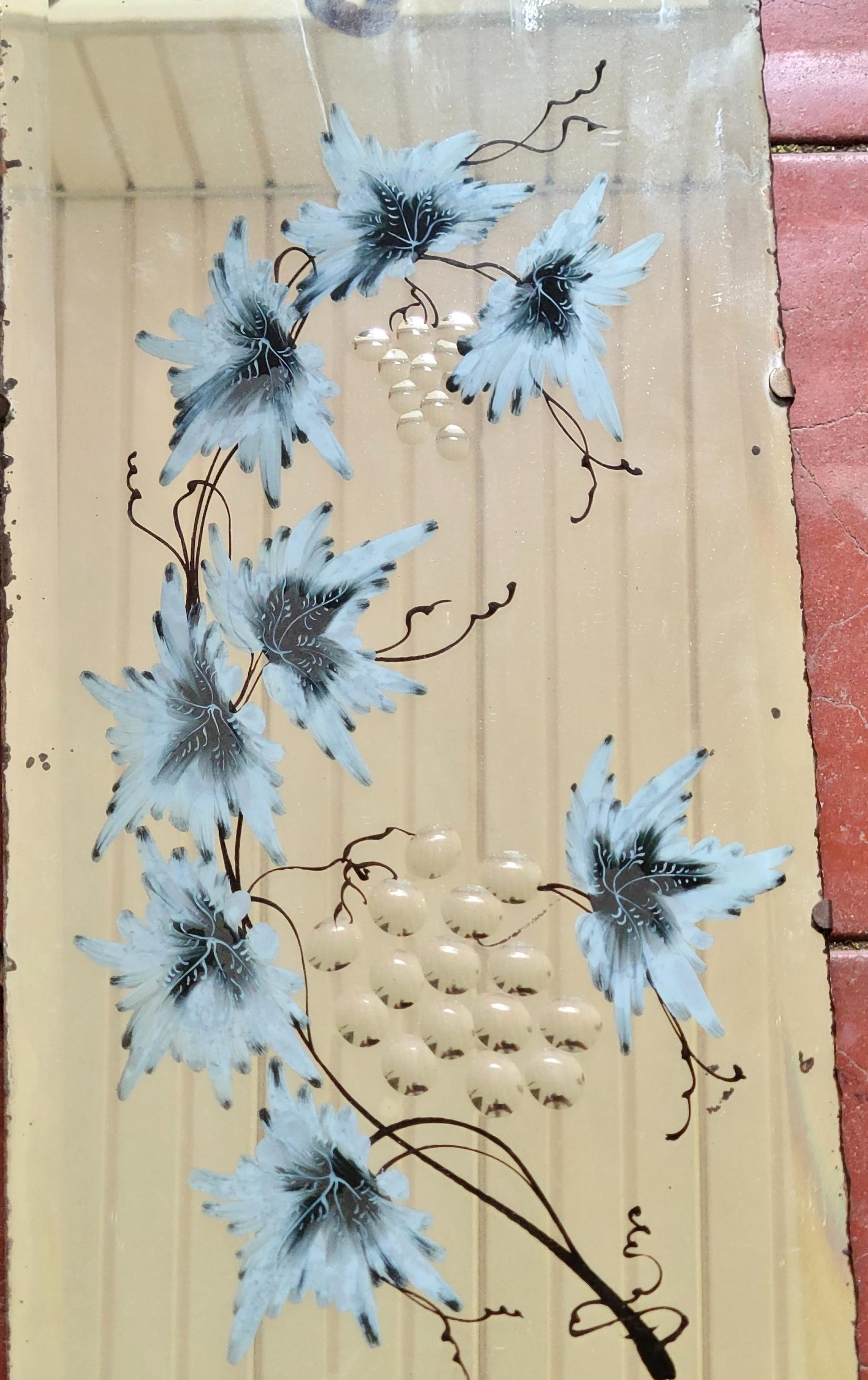 Victorian Antique Reverse Painted Mirror Blue Flower Textured