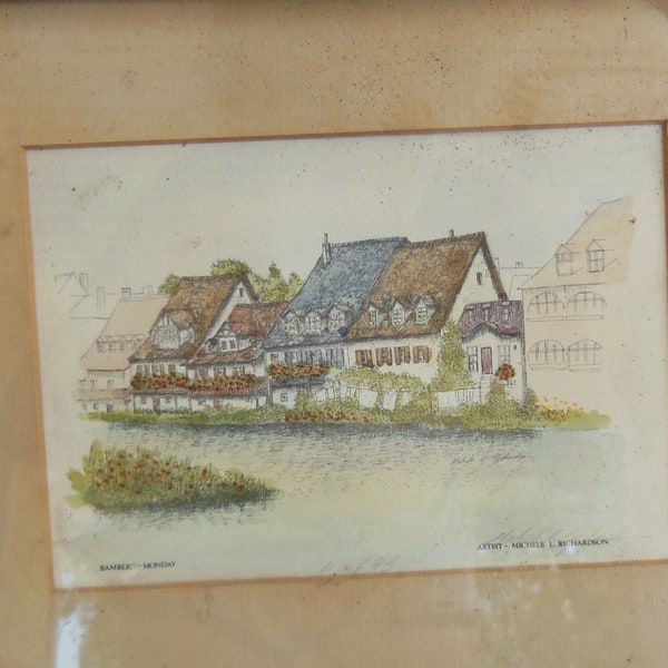 Vintage Original Sketch Watercolor Art Bamberg Monday Germany Architecture Traditional German Village 1986 Signed Dated Michele L Richardson