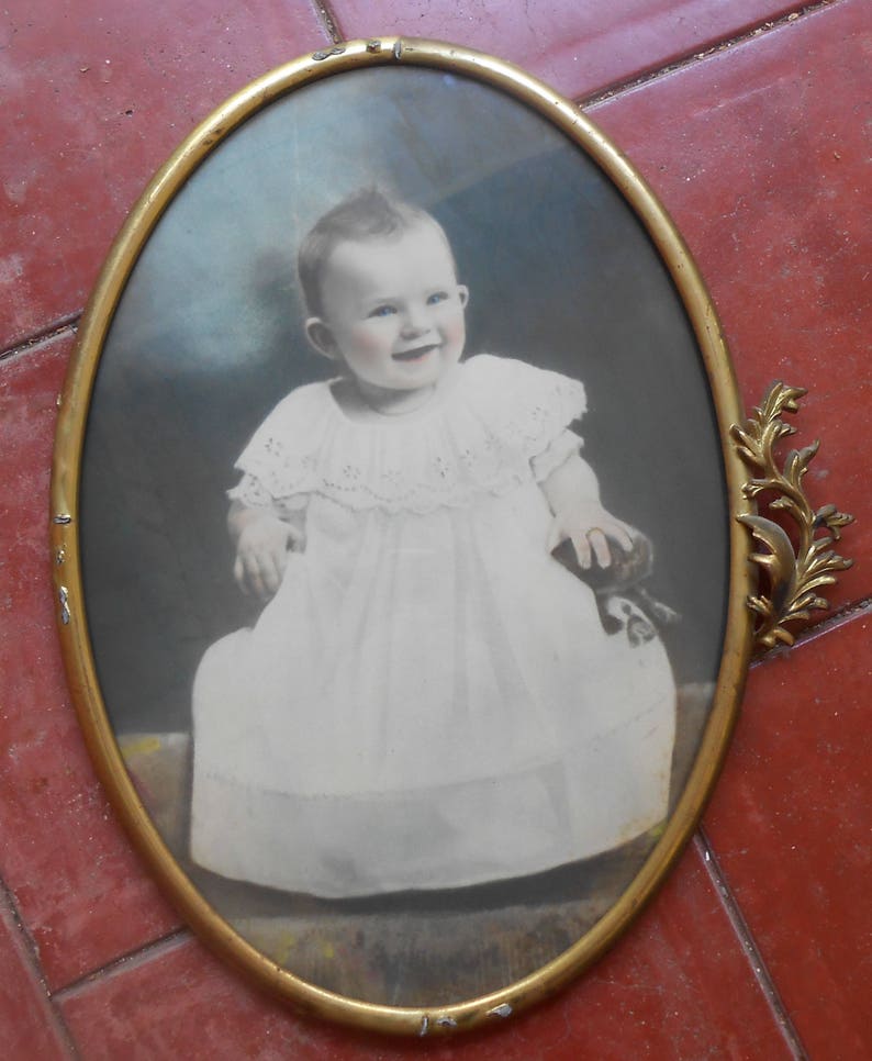 Antique Tinted Baby Photo Metal Decorative Oval Ornate Brass Frame Hand Tinted Colored White Dress Smiling Nursery Picture Wall Hanging image 5