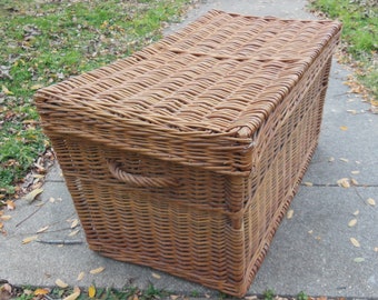 Antique Wicker Trunk Chest Woven Twig Lidded Chest Locker Boho Farmhouse Storage