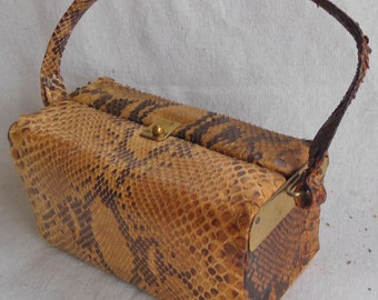 Vintage Snakeskin Box Purse Python Snake Skin Textured Retro Fashion Animal Skin Tan Brown Leather Purse Snakeskin Formal Evening Handbag