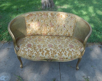Vintage Loveseat Settee Giltwood Cane French Provincial Louis XVI Style Velvet Upholstery Original Boudoir Seating Gold Tufted Couch Sofa