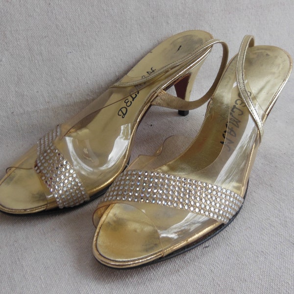 Vintage Strappy Sandle Slingback Kitten Heel Gold Rhinestone Diamond Clear Plastic Delman Shoes Evening Wear Gold Pumps