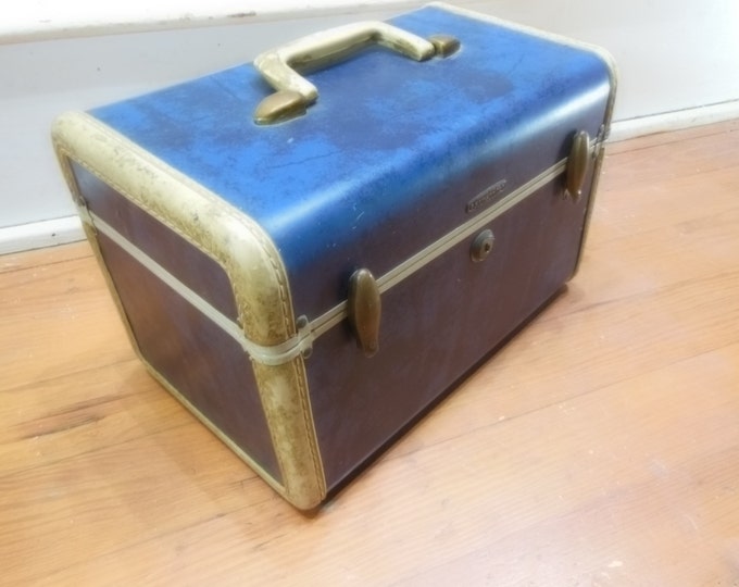Vintage Blue Samsonite Train Case Marbled Admiral Blue Small Suitcase