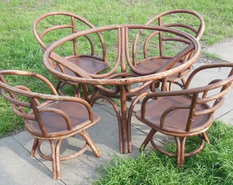 Vintage Brown Jordan Rattan Patio Set Bentwood Table 4 Chairs High Quality Wood Furniture Boho Porch Patio Swivel Chairs Glass Top Dining