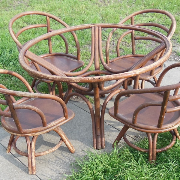 Vintage Brown Jordan Rattan Patio Set Bentwood Table 4 Chairs High Quality Wood Furniture Boho Porch Patio Swivel Chairs Glass Top Dining