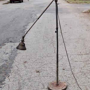 Vintage Industrial Machine Shop Adjustable Floor Lamp Cast Iron Base Brass Shade Heavy Metal Lighting Loft Man Cave Decor
