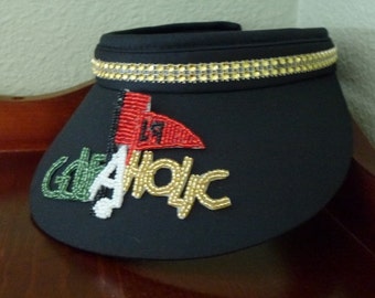 Golf  Sun Visor, Glitzy Black Sun Visor,Sequin Applique "Golfaholic"