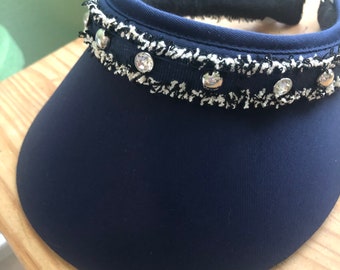 Golf Sun Visor , Ladies Sun Visor, Tennis visor with Fringed Denim trim and rhinestones