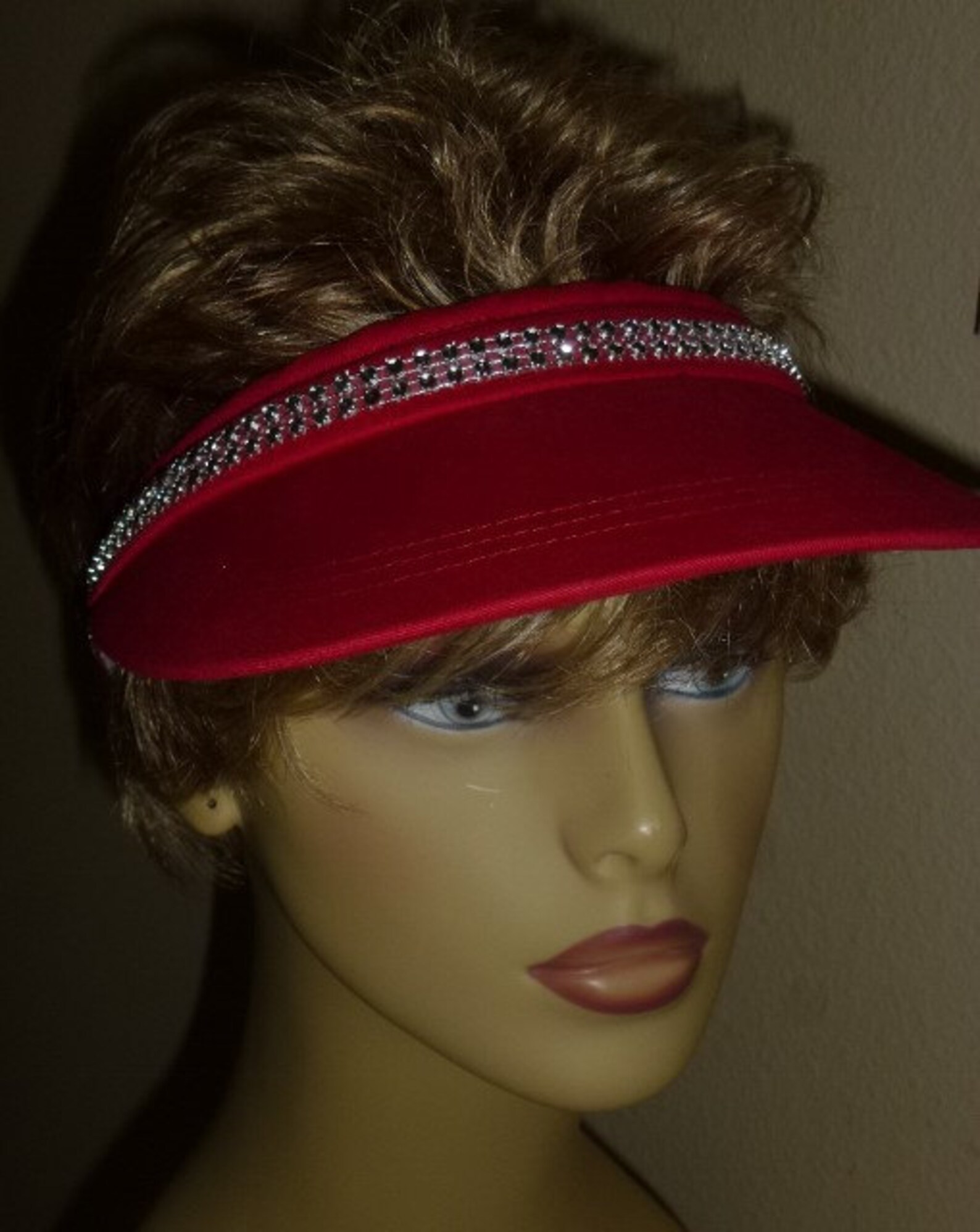 Golf Sun Visor, Tennis Visor Thin Rhinestone Trim, Red Ladies Sun Visor Hand Decorated With