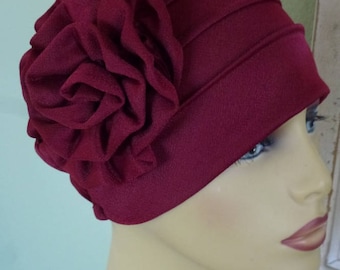 Chemo Burgundy Turban Hat with Large Attached Flower, Alopecia Burgundy Turban
