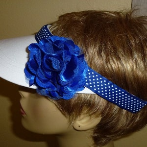 Golf Sun Visor, Tennis Visor with Navy and White Polka Dot Ribbon and Blue Flower, White and Blue Visor with Large Flower