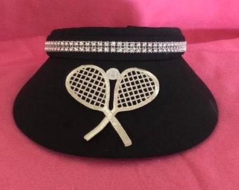 Tennis Glitzy sun visor in black  with Silver applique and trimmed with rhinestone trim