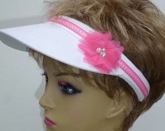 Breast Cancer Awareness White Ladies Sun Visor with Pink Ribbon Trim and a Pink Chiffon FLower