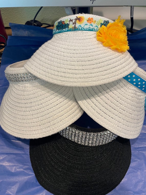 SALE: Straw Like Sun Visors in White and Black, Rhinestone  display picture 1