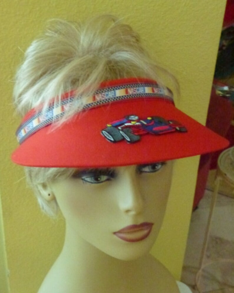 Racing Car Sun Visor with Rhinestone Trim and Race Car Applique