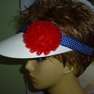 Patriotic White Sun Visor Hand Decorated in Blue Trim and Red Flower, Patriotic Red,White and Blue Visor image 1