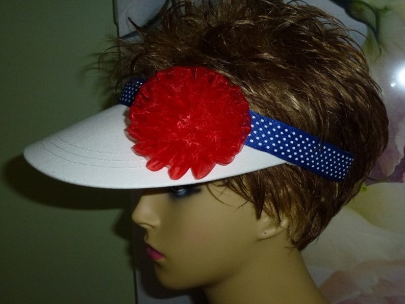 Patriotic White Sun Visor Hand Decorated in Blue Trim and Red Flower, Patriotic Red,White and Blue Visor image 1