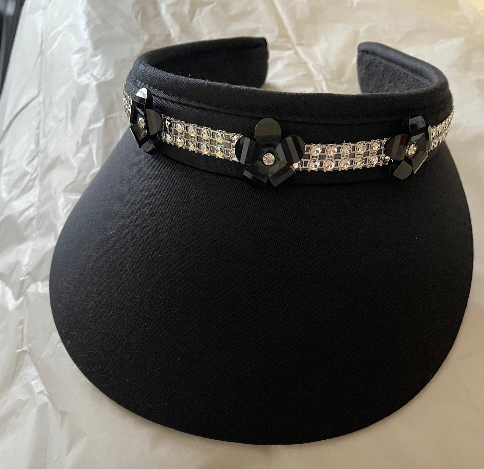 Golf Black or White Sun Visor , Tennis Visor With Black Beaded Flower