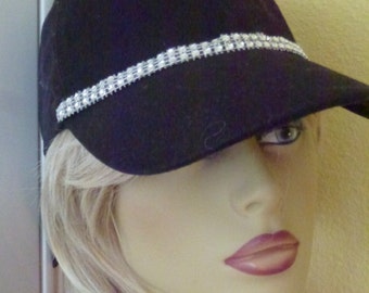 Glitzy Black Baseball Cap hand decorated with Rhinestone trim