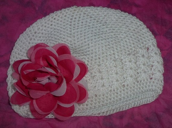 Items similar to White Girls Chemo Hat with Pink Chiffon Flower, Girls ...