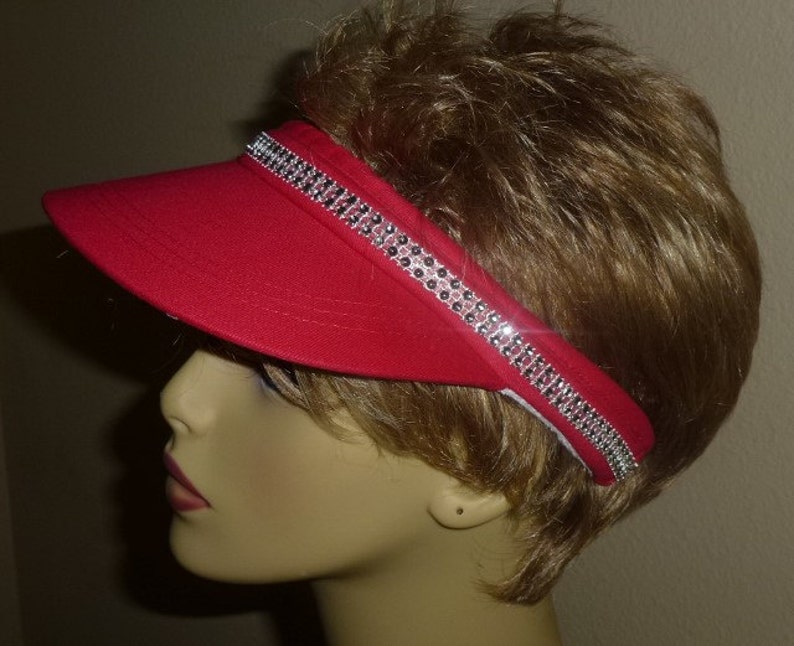 Golf Sun Visor, Tennis Visor Thin Rhinestone Trim, Red Ladies Sun Visor