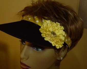 Ribbon Trimmed Black Sun Visor with Flower and Yellow and White Polka Dot Ribbon Trim