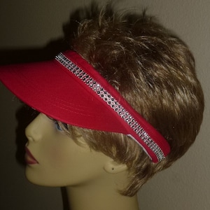 Golf Sun Visor, Tennis Visor Thin Rhinestone Trim, Red Sun Visor has Rhinestone Trim