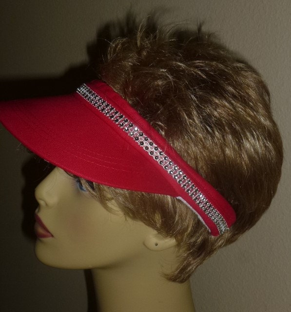 Golf Sun Visor, Tennis Visor Thin Rhinestone Trim, Red Ladies Sun Visor hand decorated with Rhinestone Trim