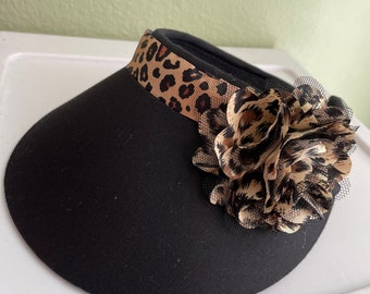 Sun Visor with leopard grosgrain ribbon trim, large leopard print flower on visor