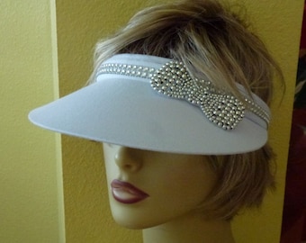 Bridal White Sun Visor with Rhinestone Trim and Silver Beaded Bow
