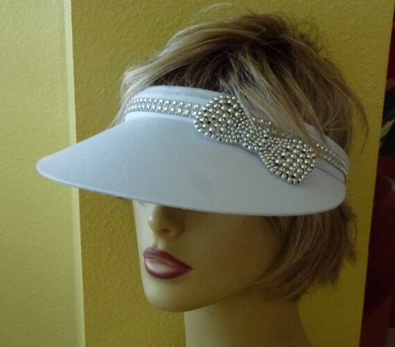 White Sun Visor With Rhinestone Trim and Silver Beaded Bow Etsy
