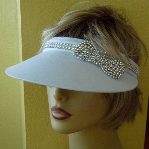 White Sun Visor with Rhinestone Trim and Silver Beaded Bow