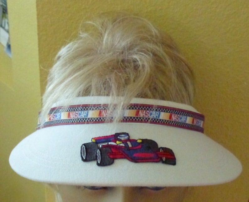 Racing Car Sun Visor with Rhinestone Trim and Race Car Applique
