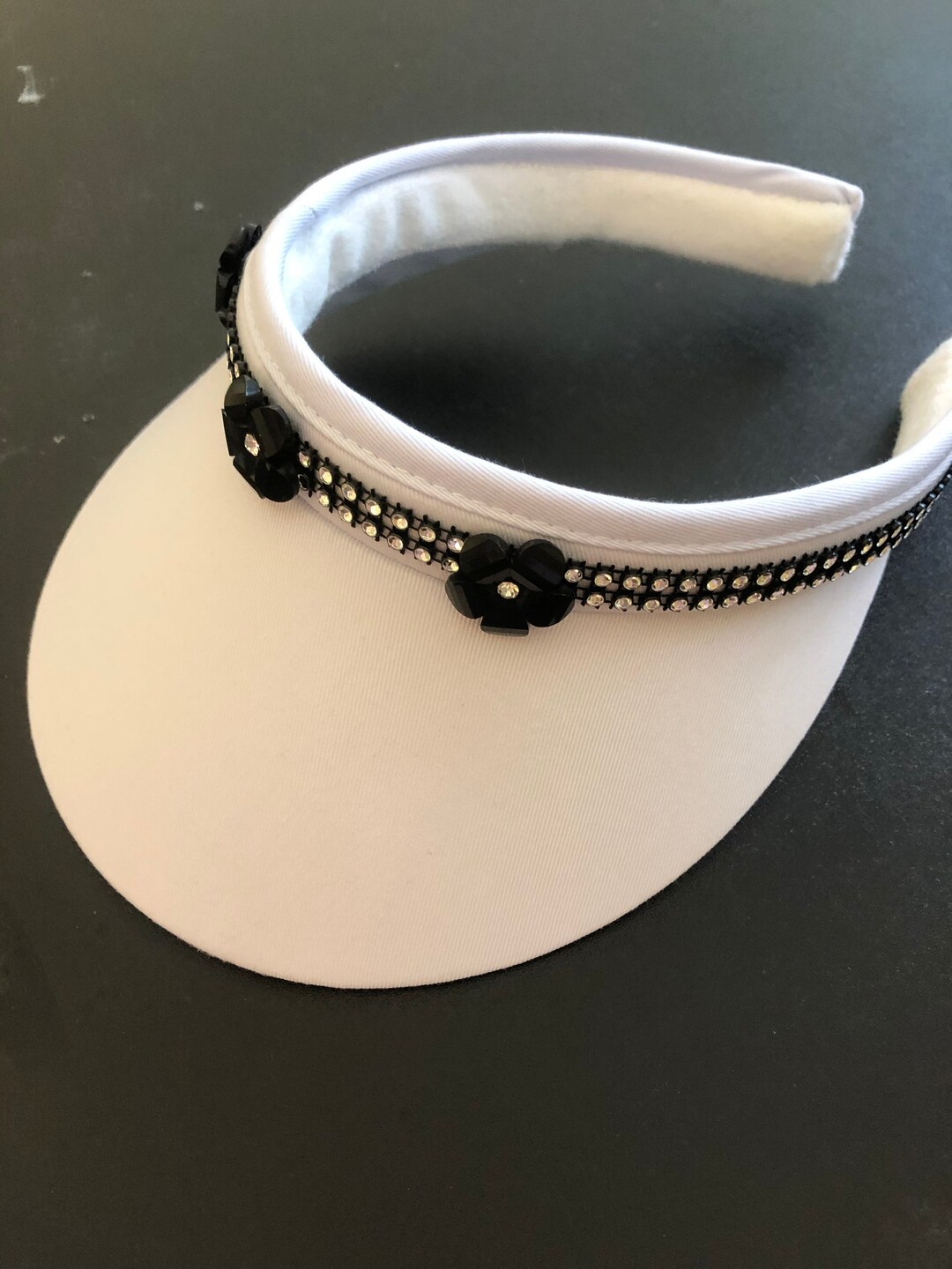 Golf Black or White Sun Visor , Tennis Visor With Black Beaded Flower