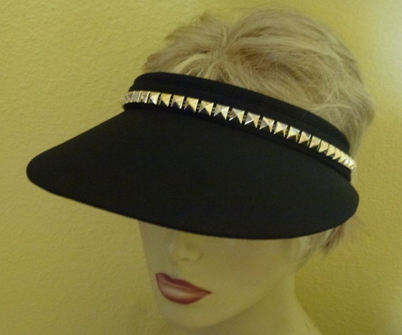 Golf Sun Visor, Tennis Visor with Gold Tone Studs, Black and Gold Ladies hand Decorated Sun Visor
