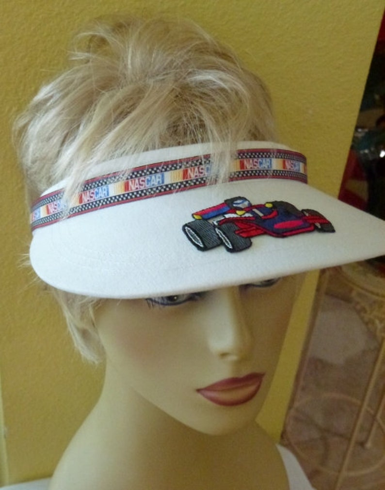 Racing Car Sun Visor with Rhinestone Trim and Race Car Applique