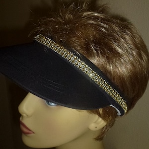 Golf Sun Visor, Tennis Visor, Glitzy Black Visor, Gold tone Rhinestone Band Trim, Black Ladies hand Decorated Sun Visor with Rhinestone Trim