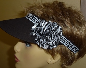 Black Ladies Sun Visor with Black and white Zebra Trim Ribbon and Flower, Decorated Black Ladies Sun Visor