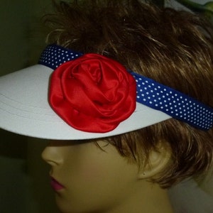 Patriotic White Sun Visor Hand Decorated in Blue Trim and Red Flower, Patriotic Red,White and Blue Visor image 2