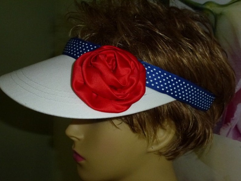 Patriotic White Sun Visor Hand Decorated in Blue Trim and Red Flower, Patriotic Red,White and Blue Visor image 2
