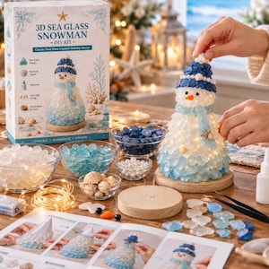 Sea Glass Snowman DIY Kit, Coastal Christmas Craft, 3D Snowman Decor