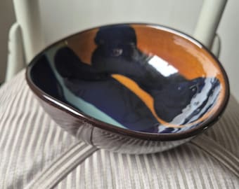 Bol de cerámica sueca vintage Gabriel Keramik, esmalte azul turquesa ámbar, KB 260, decoración escandinava.